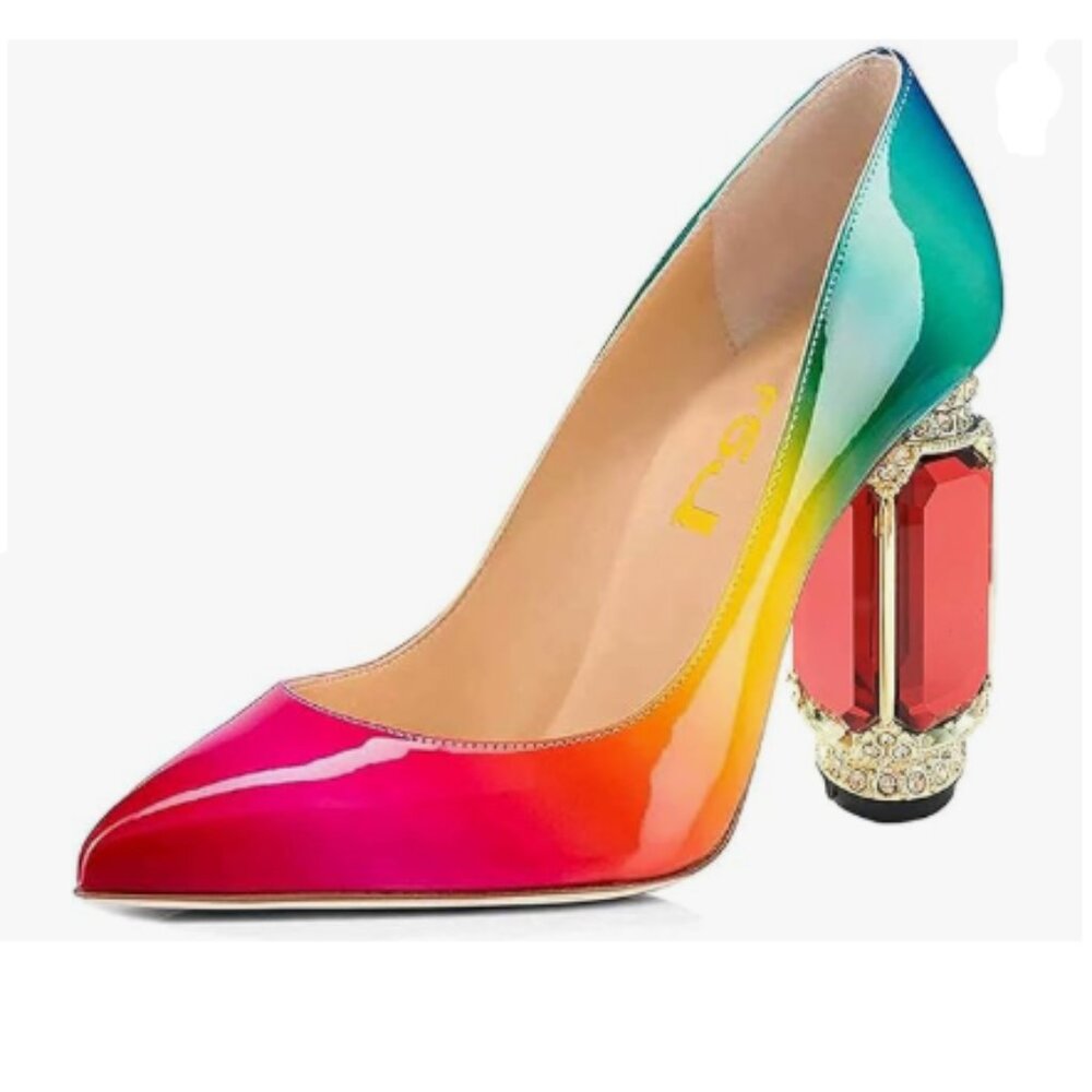 FSJ Rainbow Pointed Toe High Heel Crystal Pumps Slip on Wedding Comfort Shoes